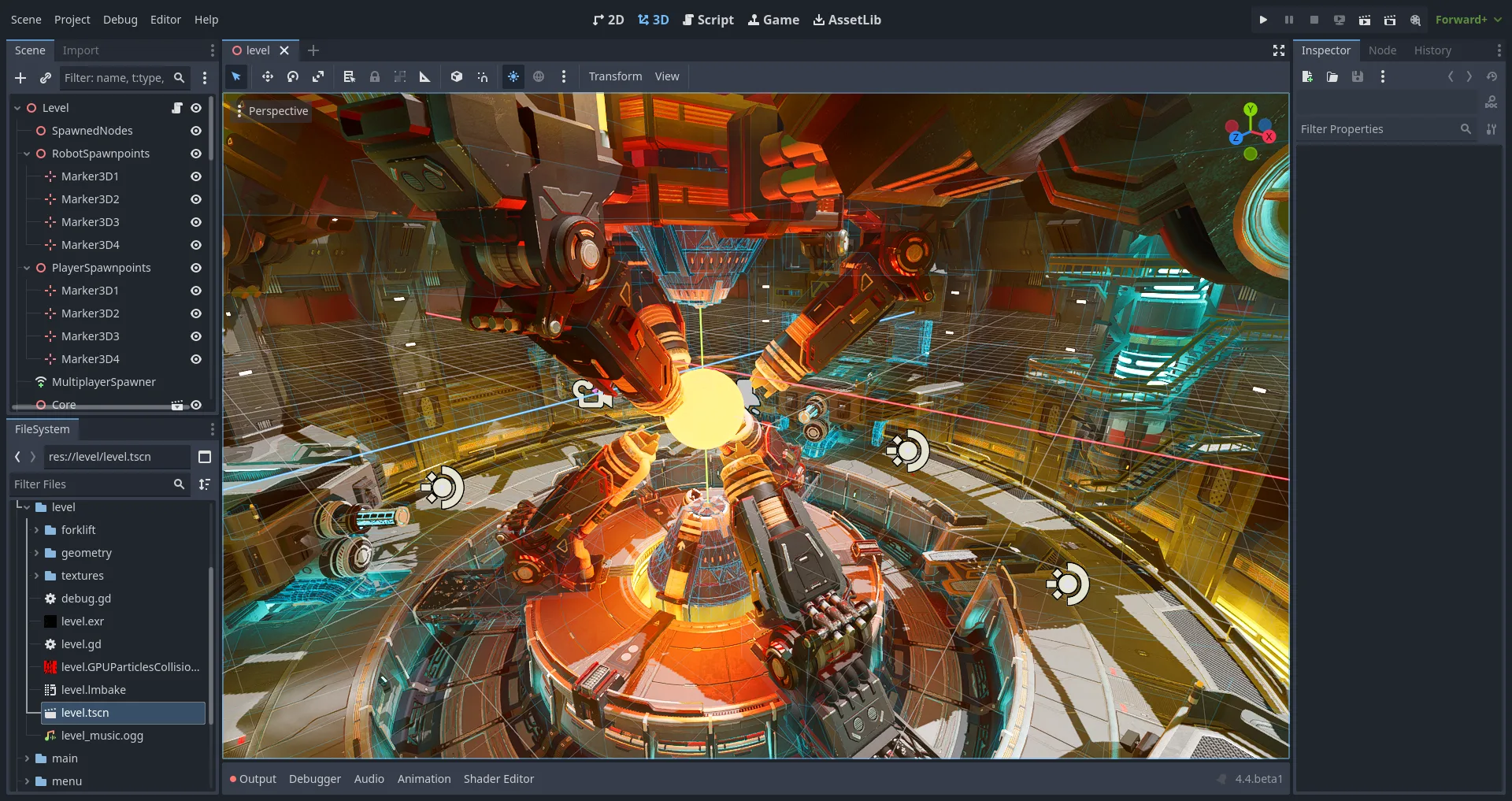 Godot Engine editor on Windows showing a 3D viewport with the Scene dock and Inspector visible beside the workspace.