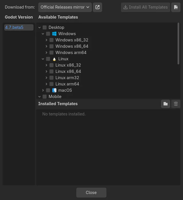 Godot Export template manager or export dialog on Windows for shipping a desktop build.