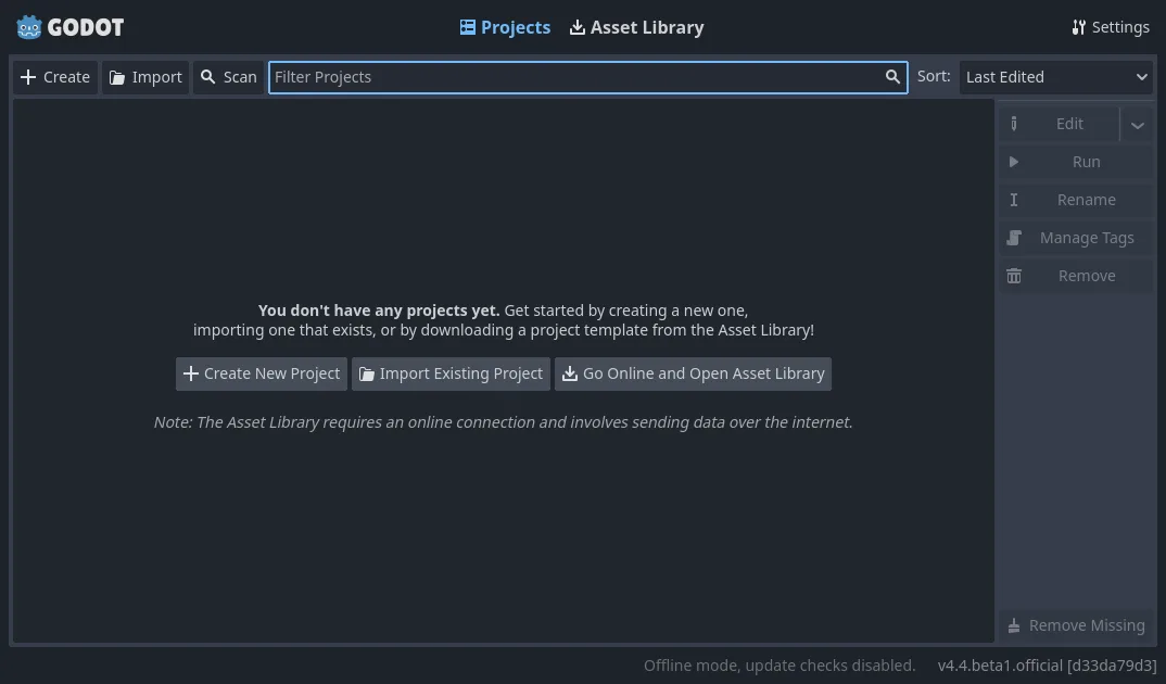 Godot Project Manager window listing projects with Import and New Project actions.