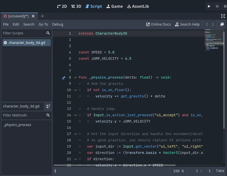 Godot Script workspace with a short GDScript file open in the editor.